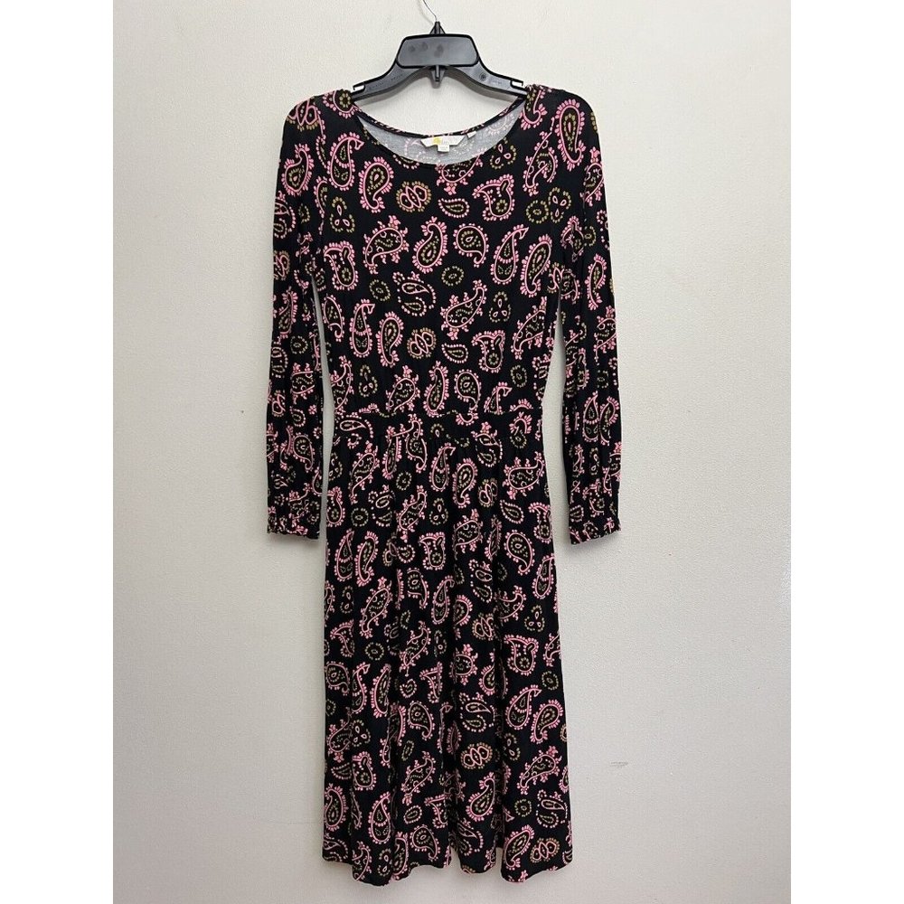 Boden Long Paisley Dress Womens 4P Black Pink Stretch Long Sleeve Midi Sheath